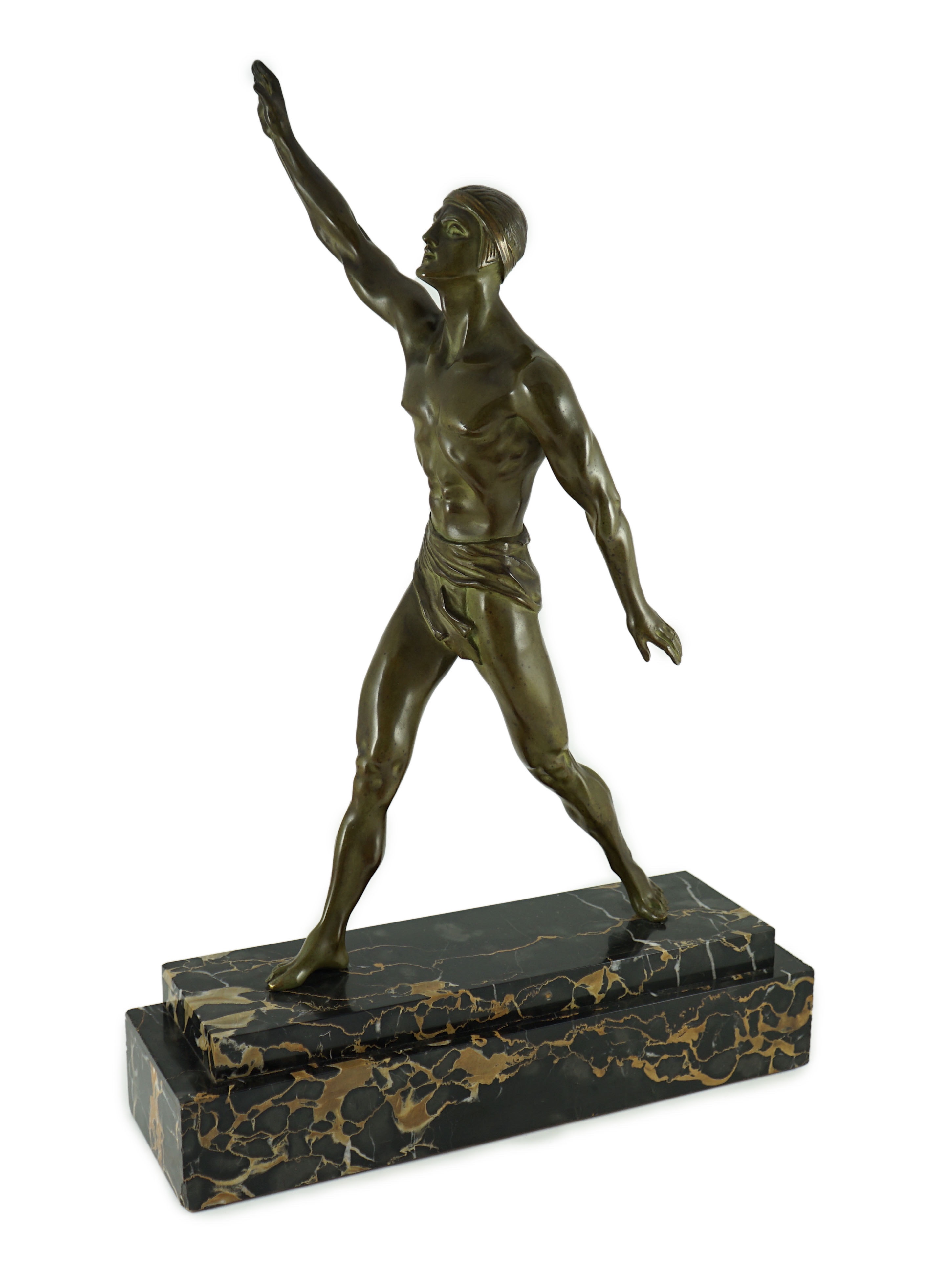 Editions Reverolis of Paris. A 1930's French Art Deco bronze figure of a classical athlete standing with raised arm, width 51cm, depth 15cm, height 76cm